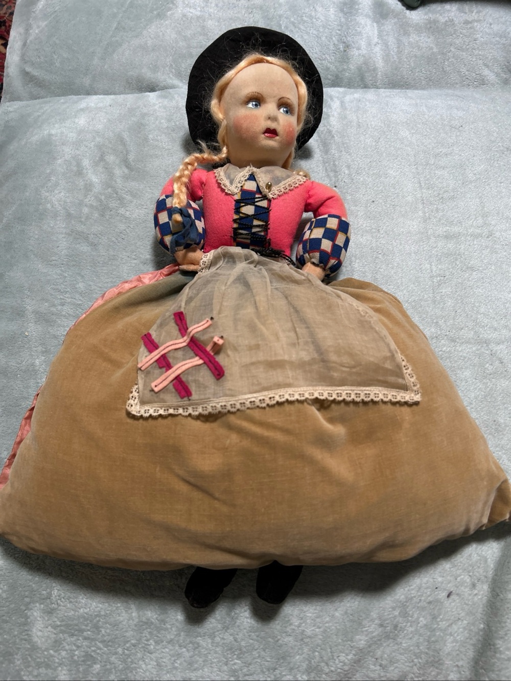 Antique 1925 Farnell’s Alpha Toys England Cloth Doll in Salmon pink  Dress
